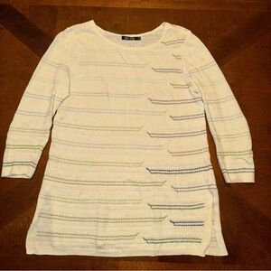 Nic + Zoe White Linen Blend Lightweight 3/4 Sleeve Sweater Blue Green Lines XS